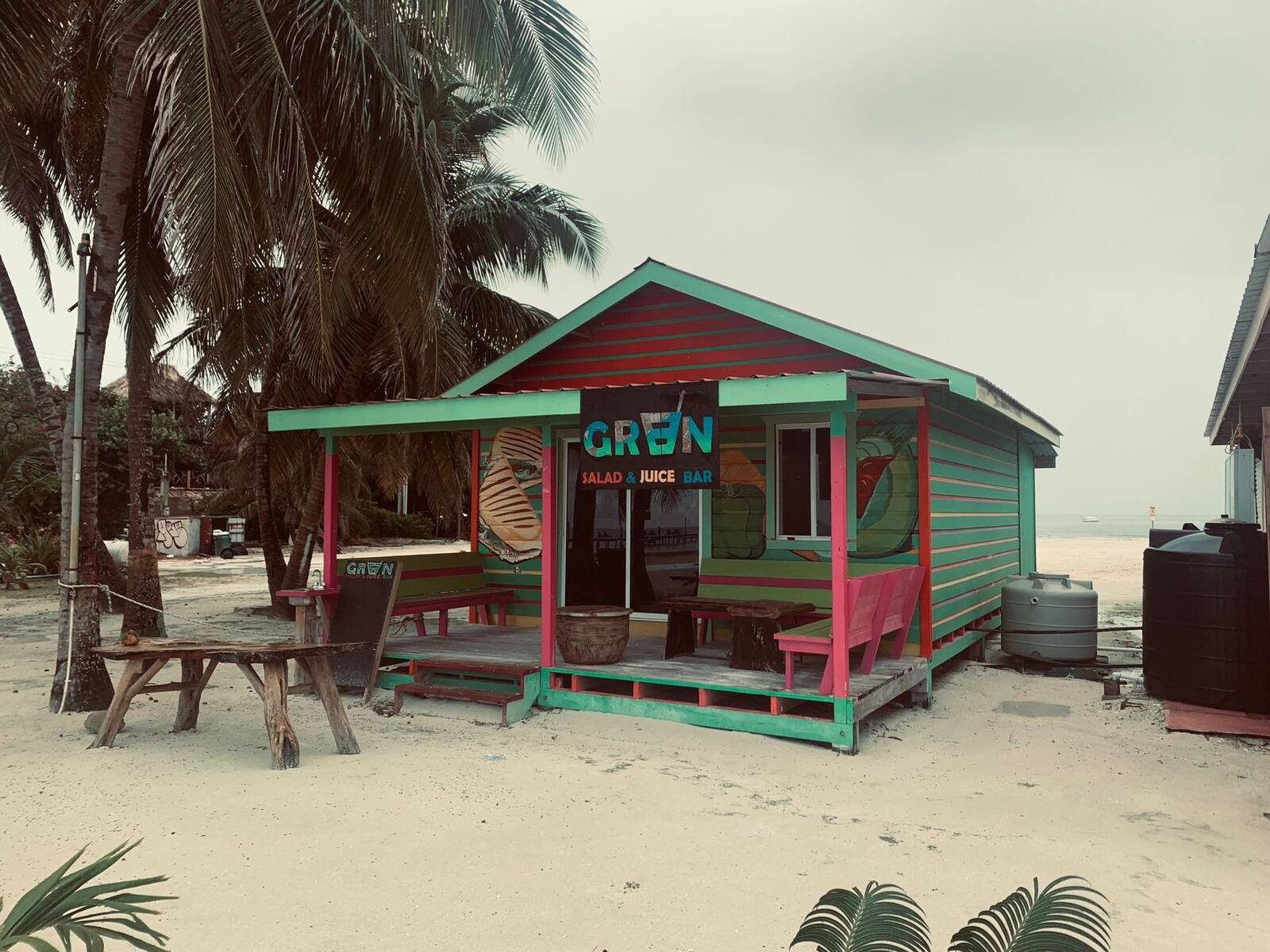 Colorful Caribbean restaurant dining room, warm and lively